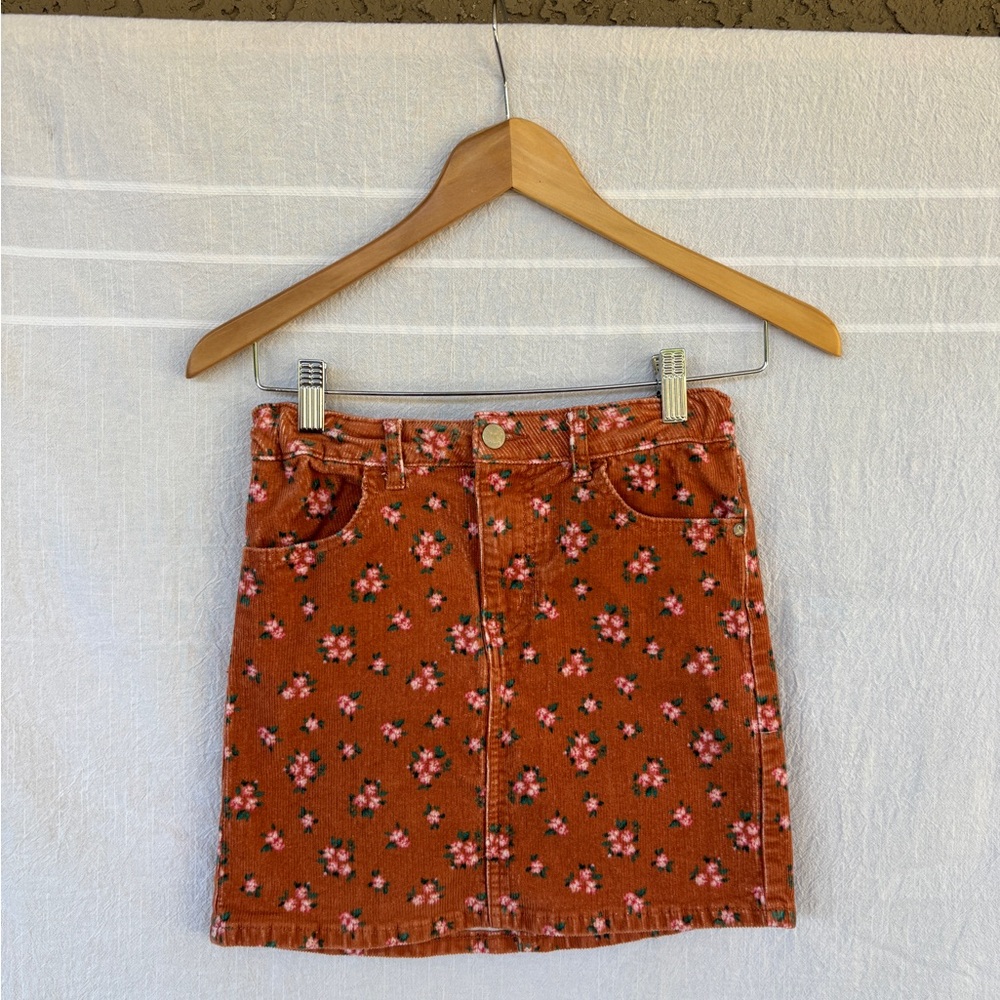 Girls orange floral corduroy mini skirt